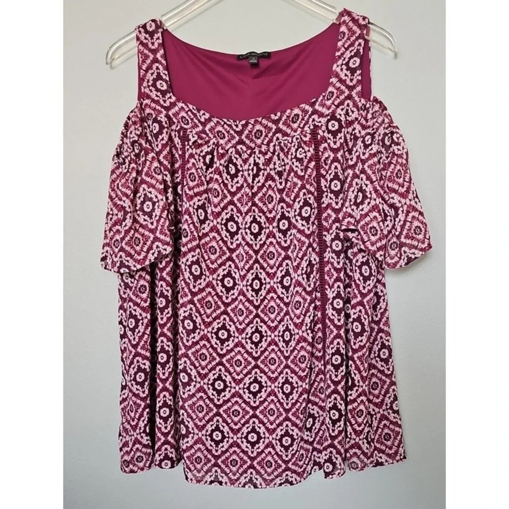 Lane Bryant Purple Geometric Cold Shoulder Blouse Size 16 Square Neck Lace Trim